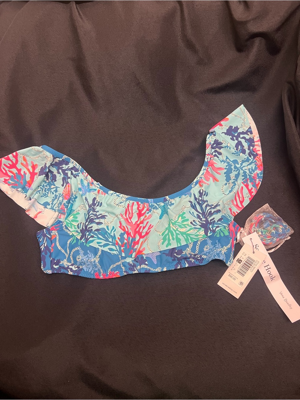 Vera Bradley NWT Women’s Blue Aqua Coral-Print Ruffle Bikini Top 8 10